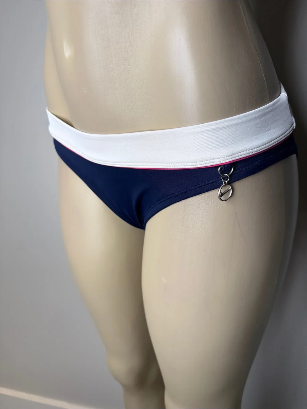 Nike Navy Bikini Bottom with White Waistband and Pink Piping